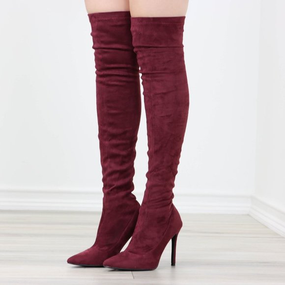 Wine Women's Thigh High Boots Faux Suede Pointed Toe Stilettos - Picture 6 of 15